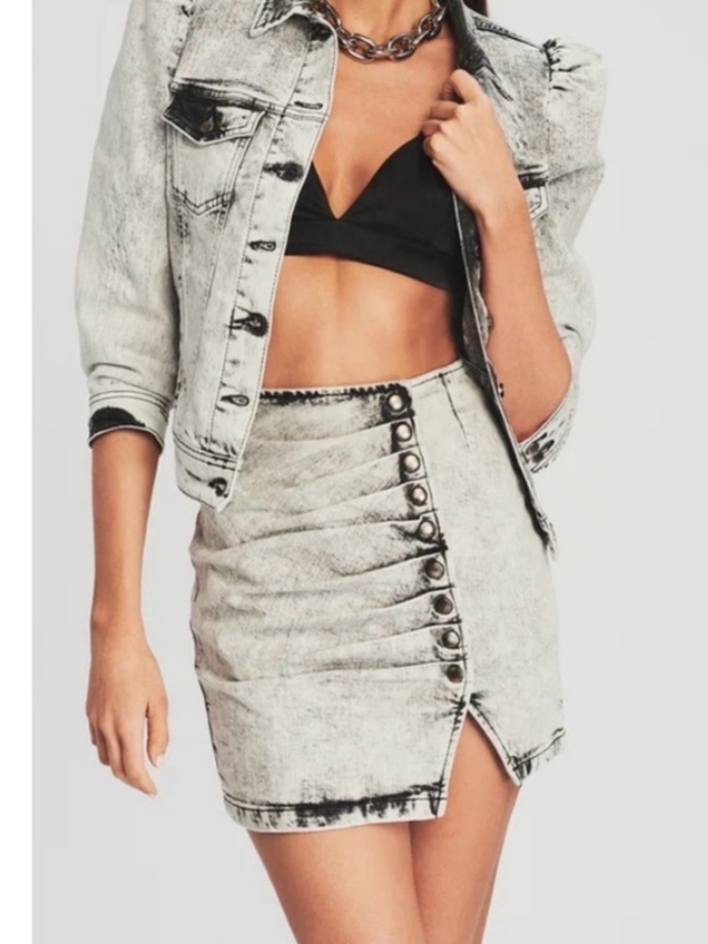 Retrofete Willa mini snap button ruched denim skirt in light acid grey XL